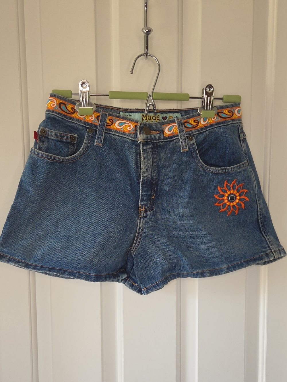 Mudd Blue Denim Shorts with Orange Sun Embroidery and Swirl Waistband